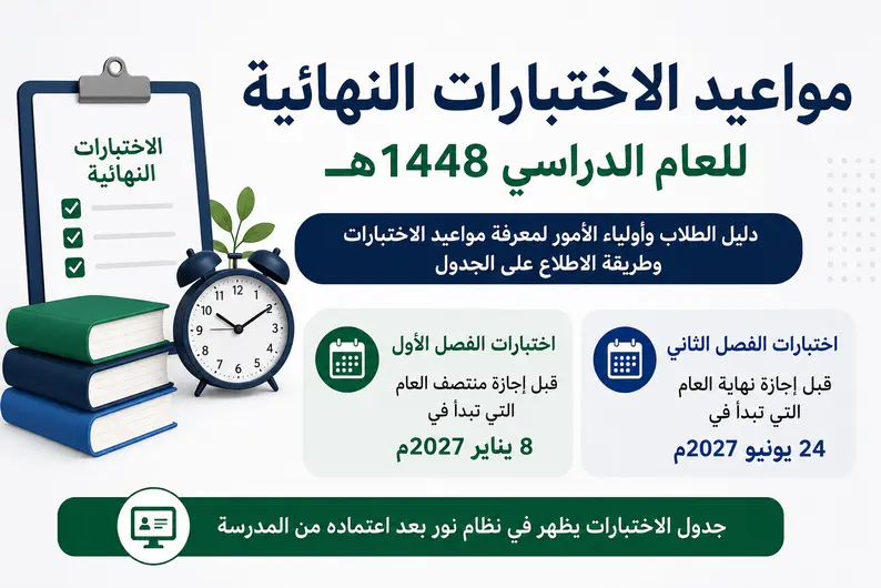 مواعيد الاختبارات النهائية للعام الدراسي 1448هـ