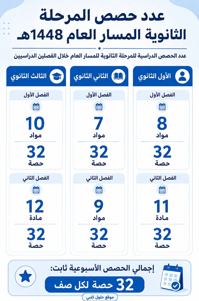 عدد الحصص الدراسية للمرحلة الثانوية المسار العام 1448هـ